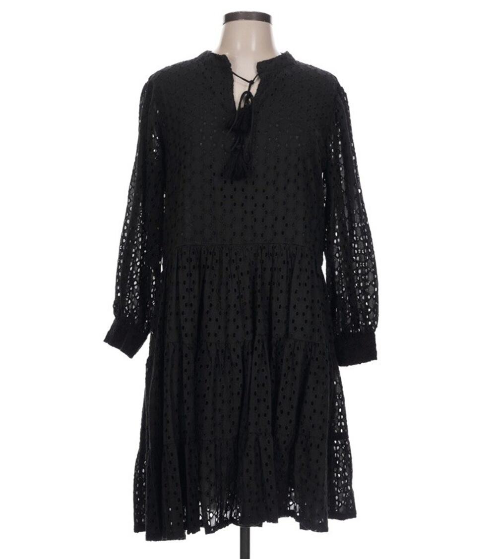 Charlotte Kellogg Black Eyelet Dress Size Lg Cotton Long Sleeve Boho Resort